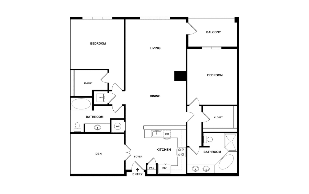 The Highlands - 2 bedroom floorplan layout with 2 bathrooms and 1415 square feet (2D)