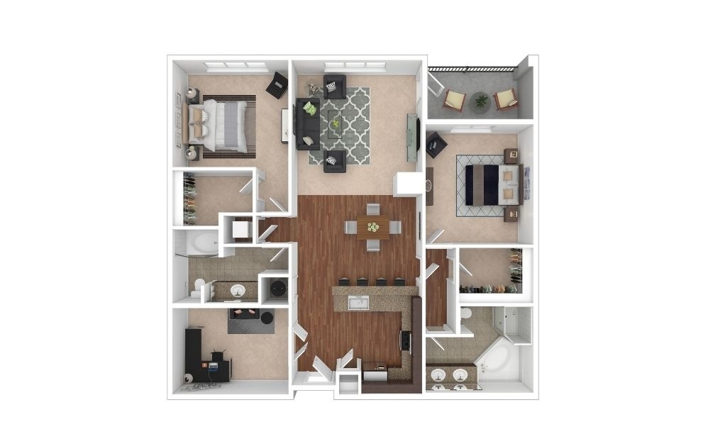 The Highlands - 2 bedroom floorplan layout with 2 bathrooms and 1415 square feet (3D) The Highlands - 2 bedroom floorplan layout with 2 bathrooms and 1415 square feet (3D)