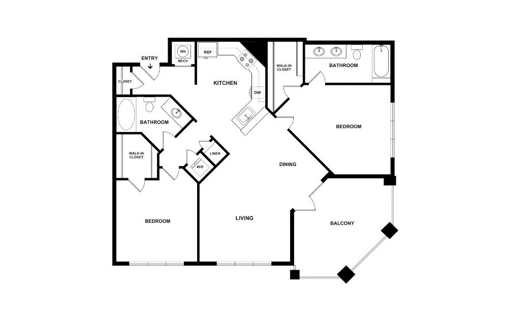 The Peachtree - 2 bedroom floorplan layout with 2 bathrooms and 1147 square feet (2D)