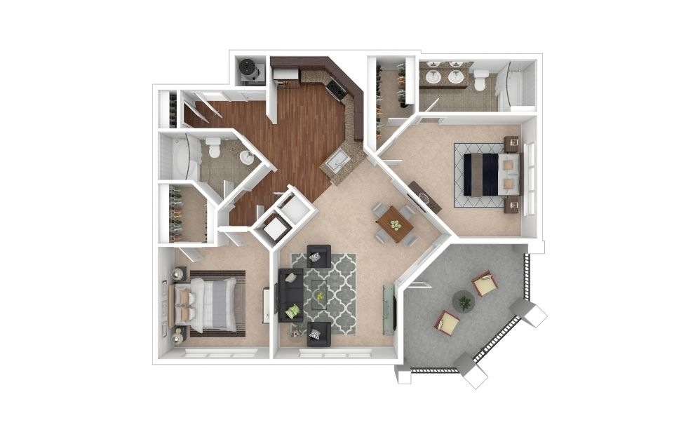The Peachtree - 2 bedroom floorplan layout with 2 bathrooms and 1147 square feet (3D)