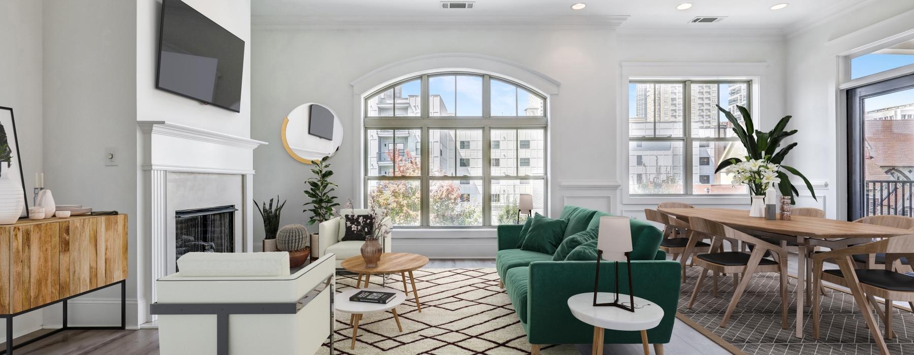 a living room with a fireplace